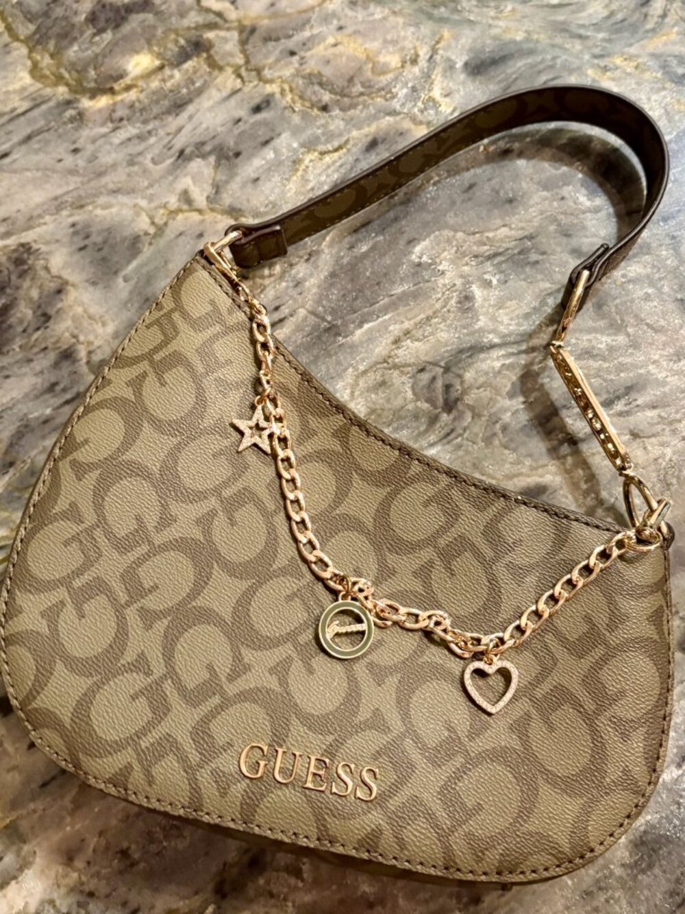 Hunter Green Monogram GUESS Purse with Gold Charm Chain